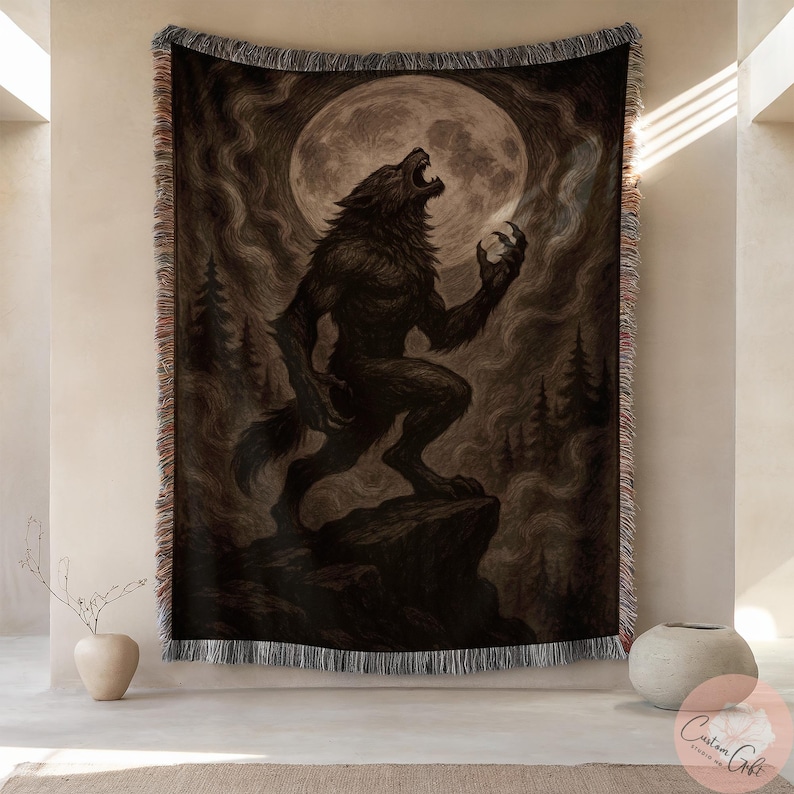 Werewolf Full Moon Tapestry Wall Hanging, Gothic Home Decor, Unique Werewolf Art, Halloween Decoration, Dark Forest Scene Blanket