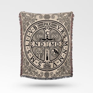 St Benedict Medal Woven Blanket, Catholic Christian Devotional Throw, Religious Home Decor Gift, Spiritual Protection Art