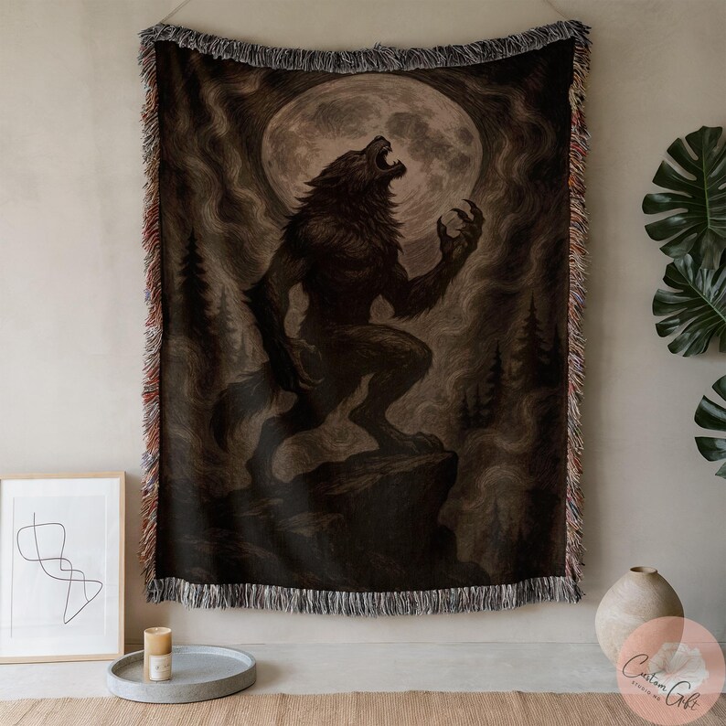 Werewolf Tapestry, Gothic Wall Hanging, Dark Forest Decor, Wolf Art Blanket, Fantasy Wall Art, Halloween Home Decoration