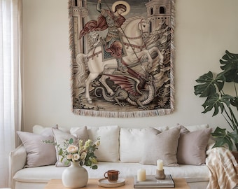 Coperta tessuta cristiana ortodossa di San Giorgio, arazzo con icona religiosa, regalo di fede serba, decorazione Slava orientale, regalo per le feste ortodosse