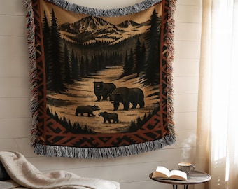 Bear Family Woven Blanket, Mountain Landscape Throw, Rustic Cabin Decor, Lodge Style Blanket, Wildlife Art, Cozy Home Blanket (134)
