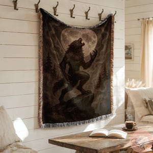 Werewolf Moonlight Wall Tapestry, Gothic Home Decor, Creepy Wall Hanging, Mystical Art Decor, Dark Fantasy Blanket, Wolf Moon Decor