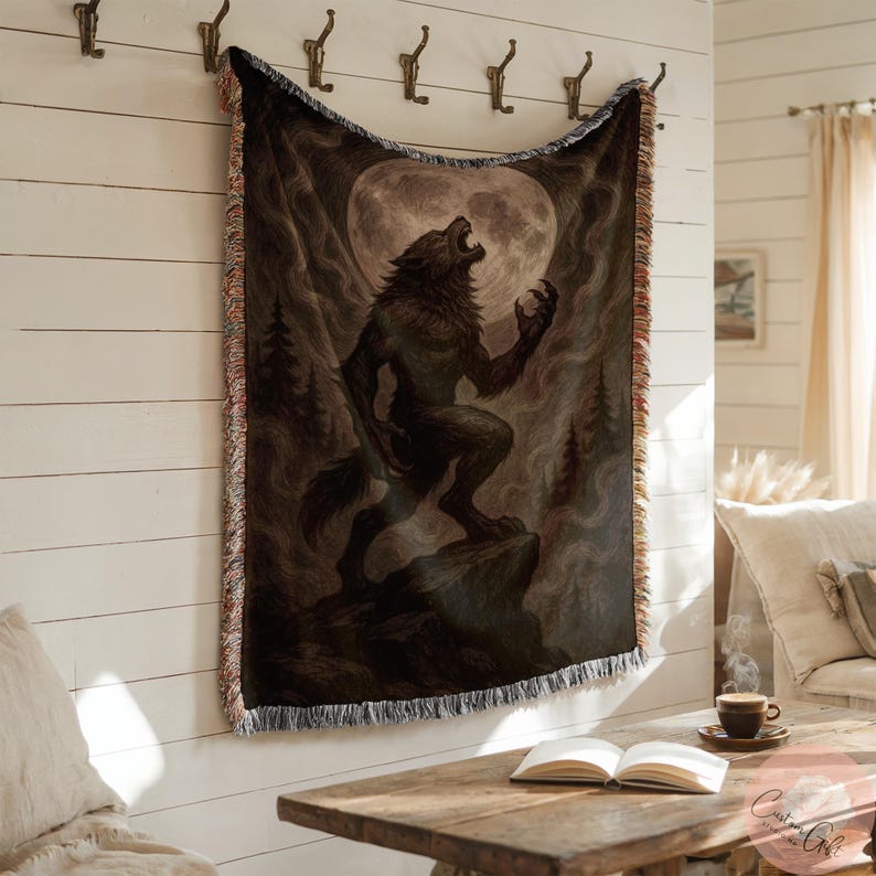 Werewolf Moonlight Wall Tapestry, Gothic Home Decor, Creepy Wall Hanging, Mystical Art Decor, Dark Fantasy Blanket, Wolf Moon Decor