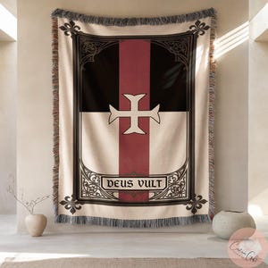 Templar Woven Blanket - Deus Vult Crusader Cross Medieval History Lover Gift | Gothic Home Decor Throw Blanket | Knight's Banner Tapestry