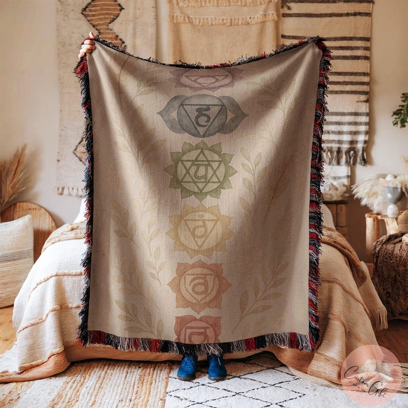 Chakra symbols area rug, Bohemian floor decor, Colorful meditation rug, Living room accent, Yoga space decoration