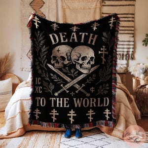 Coperta personalizzata "Morte al mondo", arazzo cristiano ortodosso, decorazione per la casa ispirata alla fede monastica, arazzo spirituale da parete, prodotto negli Stati Uniti. immagine 4