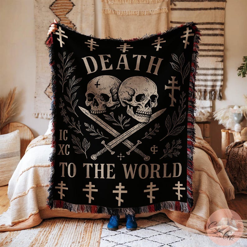 Coperta personalizzata "Morte al mondo", arazzo cristiano ortodosso, decorazione per la casa ispirata alla fede monastica, arazzo spirituale da parete, prodotto negli Stati Uniti. immagine 4