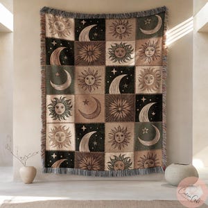 Sun and Moon Patchwork Woven Blanket, Celestial Themed Reversible Throw, Astrology Boho Blanket, Celestial Giftful Gifted Decor