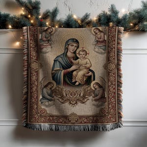 Virgin Mary Blanket, Religious Tapestry Throw, Christian Decor, Holy Family Art, Angel Blanket, Catholic Gifts, Faith Keepsake