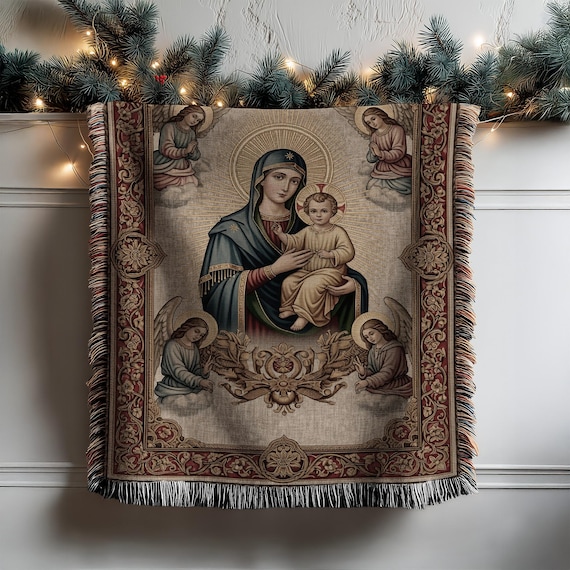 Mary and Jesus Woven Blanket, Angel Art Blanket Gift, Religious Blanket Decor, Blessed Virgin Mary Christ Child Tapestry Throw Gift