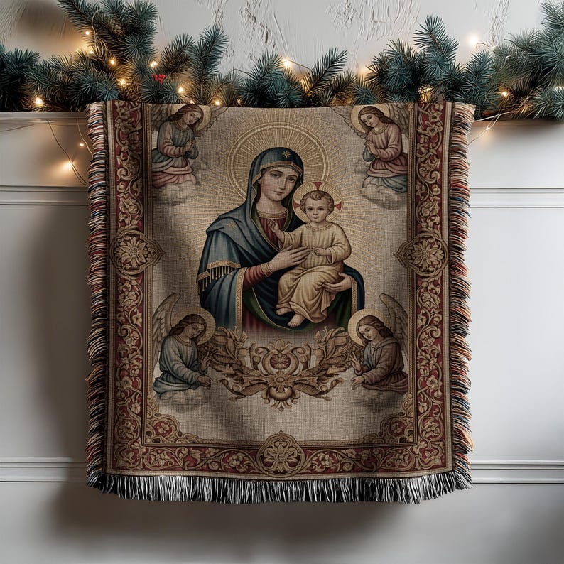 Virgin Mary Blanket, Religious Tapestry Throw, Christian Decor, Holy Family Art, Angel Blanket, Catholic Gifts, Faith Keepsake