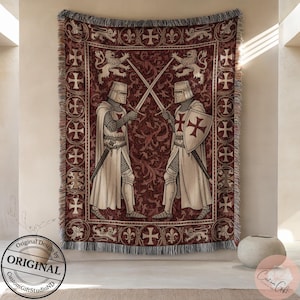 Crusader Duel Woven Blanket, Templar Knights Art Throw, Medieval Red Cross Design, Religious Decor, Christian Blanket