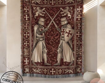 Crusader Duel Woven Blanket, Templar Knights Art Throw, Medieval Red Cross Design, Religious Decor, Christian Blanket