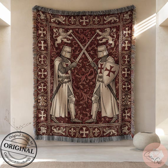 Crusader Duel Woven Blanket, Templar Knights Art Throw, Medieval Red Cross Design, Religious Decor, Christian Blanket