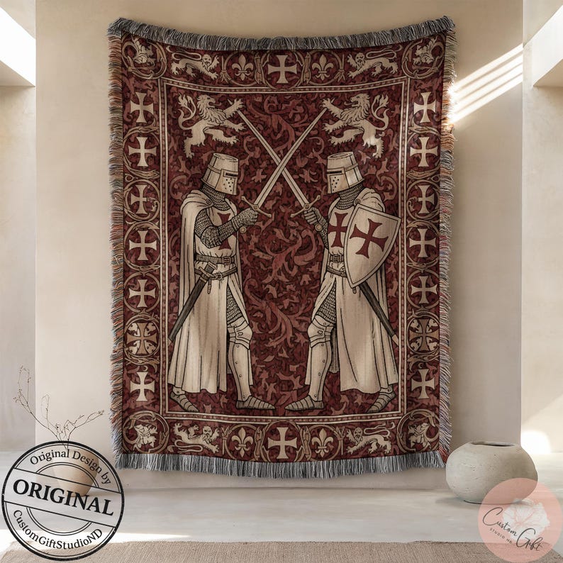 Manta tejida Duelo de Cruzados, Manta artística de los Caballeros Templarios, Diseño medieval de la Cruz Roja, Decoración religiosa, Manta cristiana imagen 1