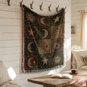 Bohemian sun and moon wall hanging, celestial tapestry blanket, star and sun throw blanket, rustic decor blanket, celestial decor