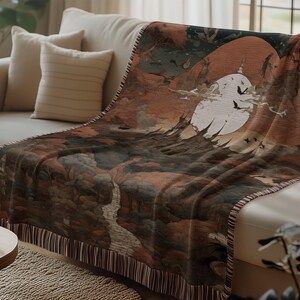 Spooky Castle Woven Blanket Dark Fantasy Pillow Gothic Home Decor Bird Silhouette Art Creepy Art Blanket Halloween Inspired