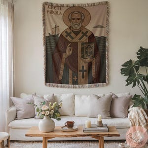 Manta con icono ortodoxo de San Nicolás | Regalo tejido Sveti Nikola Slava | Decoración cristiana serbia, tradición ortodoxa oriental