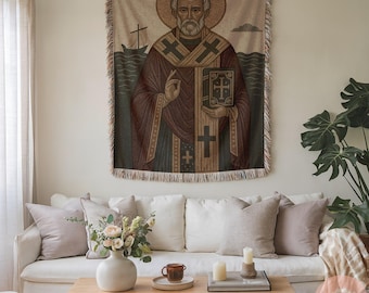 Manta com Ícone Ortodoxo de São Nicolau | Slava Tecida de São Nicolau | Decoração Cristã Sérvia, Tradição Ortodoxa Oriental