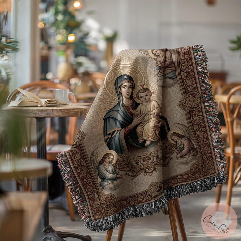 Religious Throw Blanket, Virgin Mary and Baby Jesus, Cozy Home Decor, Sacred Art Blanket, Christian Gift, Spiritual Comfort, Tapestry Throw