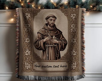 Saint Francis Blanket Personalized with Name, Patron Saint Woven Throw, Catholic Franciscan Wall Decor, Confirmation Gift