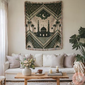 Islamic art woven blanket and pillow, mosque and crescent moon gift for her, gift for him, Eid Mubarak, Ramadan decoration, Islamic Gift