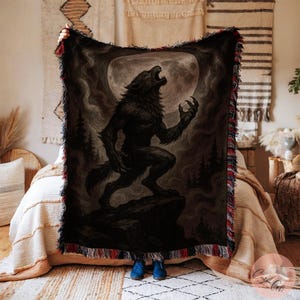 Werewolf tapestry blanket, Gothic home decor, Dark fantasy wall hanging, Spooky Halloween decoration, Mystical wolf art gift ideas