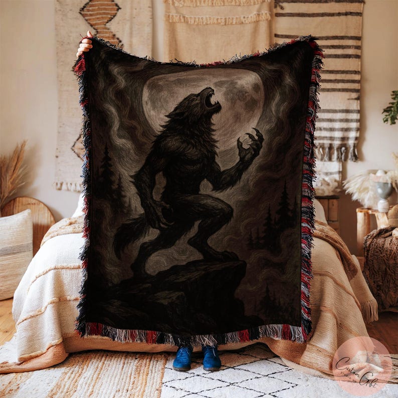 Werewolf tapestry blanket, Gothic home decor, Dark fantasy wall hanging, Spooky Halloween decoration, Mystical wolf art gift ideas