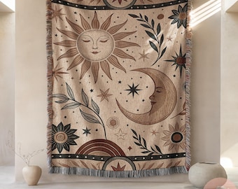 Sun Moon Stars Woven Blanket, Boho Sun and Moon Woven Throw, Starry Night Gifted Blanket, Celestial Bohemian Giftf Ul Decor