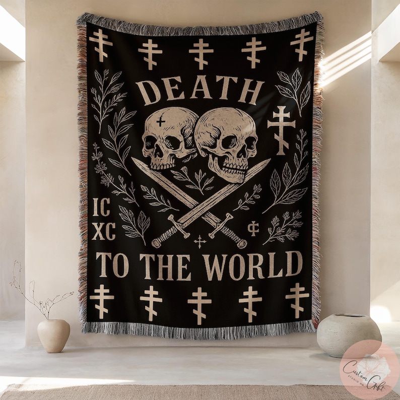 Skull Art Wall Hanging, Gothic Tapestry, Dark Aesthetic Room Decor, Skull and Swords Blanket, Death Themed Home Decor