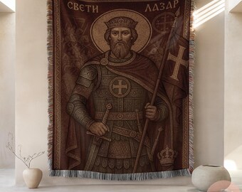 Sveti Lazar Woven Blanket or Pillow, Vidovdan Orthodox Gift Made in USA, Religious Decor, Serbian Slava Gift, Unique Orthodox Iconography