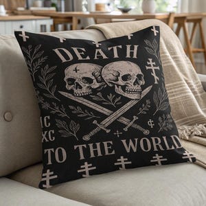 Skull Decorative Throw Pillow, Gothic Home Decor, Dark Aesthetic Cushion, Spooky Halloween Accent, Skull and Swords Pillow Cover