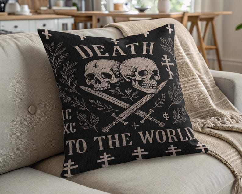 Skull Decorative Throw Pillow, Gothic Home Decor, Dark Aesthetic Cushion, Spooky Halloween Accent, Skull and Swords Pillow Cover