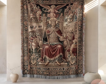 Manta tejida de Carlomagno, arte del emperador del Sacro Imperio Romano Germánico, tapiz de caballero medieval, Carolus Magnus, decoración histórica, manta templaria, idea de regalo