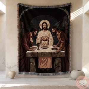 Last Supper Woven Blanket, Jesus Breaking Bread Tapestry Throw, Catholic Orthodox Easter, Christian Home Decor Gift, Sacred Art Comforter