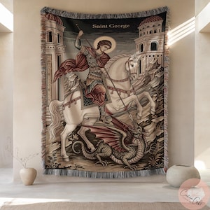 May include: A tapestry depicting Saint George on horseback slaying a dragon. The artwork features a knight in red and gold armor, a white horse, and a detailed dragon. The text "Saint George" is at the top.