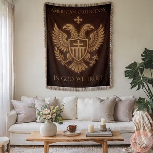 American Orthodox Double Headed Eagle Woven Blanket Pillow, Byzantine Inspired Art, Heraldic Eagle Tapestry, Custom Woven Blanket, homedecor