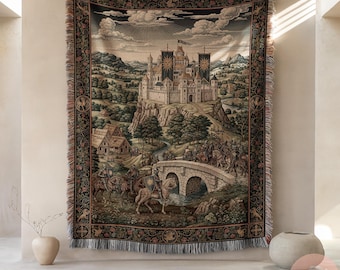 Manta de tejido templario, castillo medieval, tapiz de caballero, manta de fantasía, decoración del hogar, manta acogedora, idea de regalo, arte mural, diseño único