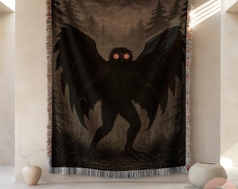 Mothman Cozy Reading Blanket Gothic Cottagecore Decor Halloween Folklore Gift Spooky Paranormal Appalachian Forest Scene Made USA Homedecor