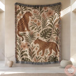 Leopard Woven Blanket homdecor, Tropical Throw Pillow, Jungle Animal woven Pillow, Exotic Home Decor, Botanical Art, Surreal Room Accent