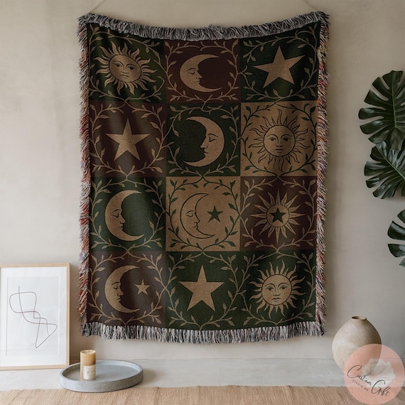 Celestial Patchwork Woven Blanket, Whimsigoth Gothic Throw, Witchy Sun and Moon Blanket, Halloween Stars Decor, Mystical Astrology Gift