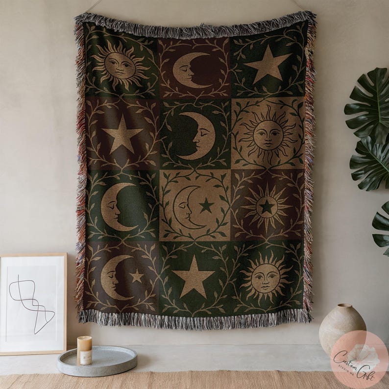 Bohemian Sun And Moon Woven Tapestry, Celestial Sun Wall Hanging Blanket, Moon And Star Boho Decor, Mystical Wall Art