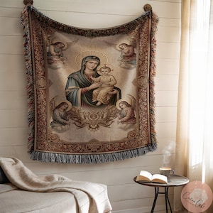Virgin Mary tapestry wall hanging, religious decor, Mother Mary blanket, sacred art home decor, spiritual room decor, faith gift