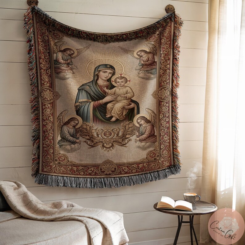 Virgin Mary tapestry wall hanging, religious decor, Mother Mary blanket, sacred art home decor, spiritual room decor, faith gift