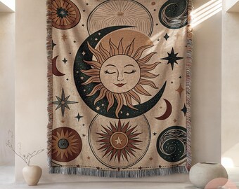 Sun Moon Woven Blanket, Celestial Pillow, Zodiac Woven Throw, Stars Pillow Gift Wall Hanging Cosmic Decor,Dreamy Aesthetic Spiritual Blanket