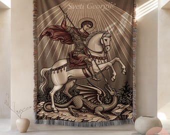 Orthodox Icon Blanket of Saint George the Dragon Slayer, Serbian Religious Woven Tapestry, Christian Faith Gift, Gift for Christian