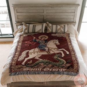 Orthodox Icon of Saint George the Dragon Slayer, Serbian Woven Blanket, Religious Christian Tapestry Home Gift for Her Him, Holiday Gift