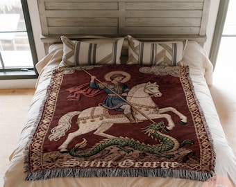 Orthodox Icon of Saint George the Dragon Slayer, Serbian Woven Blanket, Religious Christian Tapestry Home Gift for Her Him, Holiday Gift