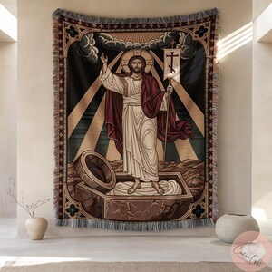 Risen Christ Orthodox Icon Woven Blanket, Byzantine Resurrection Jesus Tapestry, Catholic Easter Home Decor, Pascha Throw