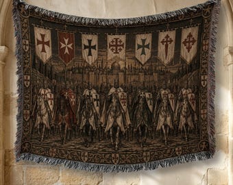 May include: A woven tapestry blanket featuring a detailed scene of armored knights on horseback carrying various heraldic banners. The background depicts a medieval city skyline under a dark sky. The border includes repeating cross motifs.
